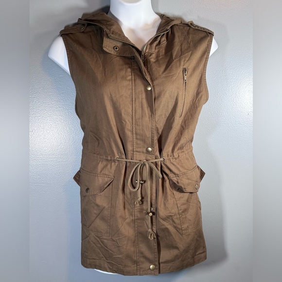 Zenana Outfitters Hooded Vest Size 3X 100% Cotton Drawstring Tan Cargo Style - Picture 2 of 13